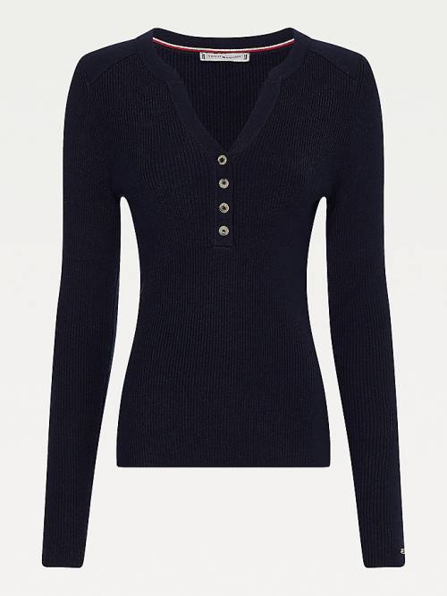 Blue Tommy Hilfiger Curve Henley Ribbed Wool Blend Jumper Women's Sweaters | TH819SQD