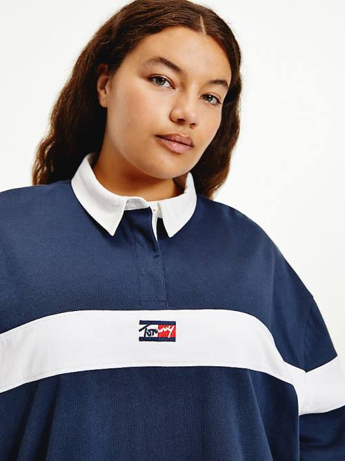 Blue Tommy Hilfiger Curve Long Sleeve Stripe Rugby Shirt Women's Polo Shirts | TH925OFB