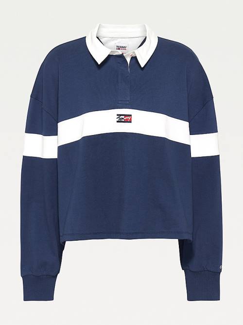 Blue Tommy Hilfiger Curve Long Sleeve Stripe Rugby Shirt Women's Polo Shirts | TH925OFB