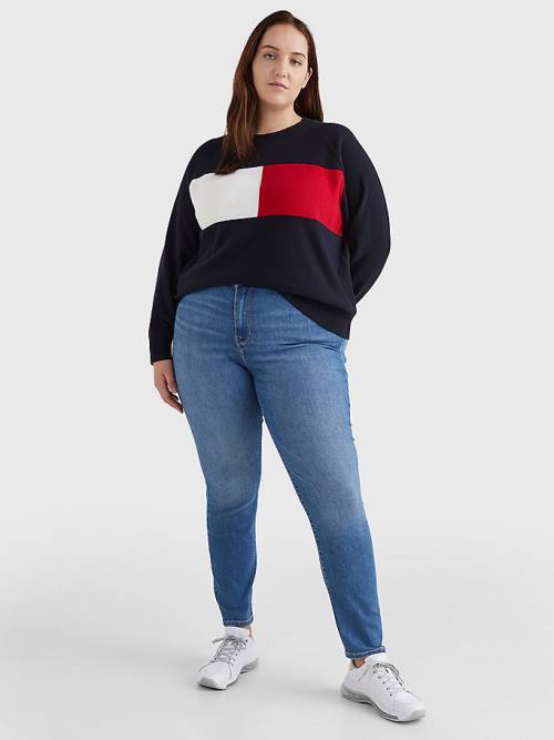 Blue Tommy Hilfiger Curve Long-Sleeved Crew Neck Sweatshirt Women's Sweaters | TH810WES