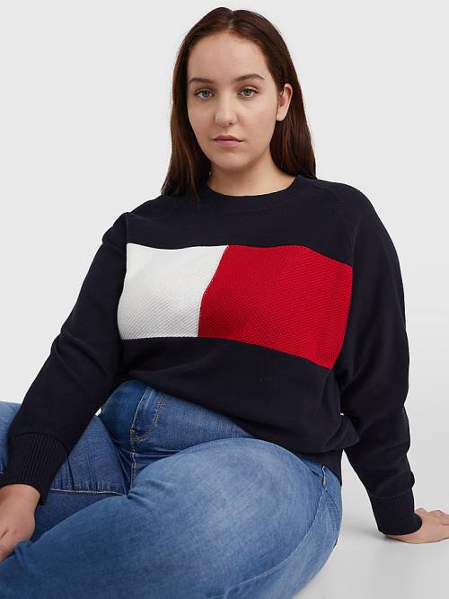 Blue Tommy Hilfiger Curve Long-Sleeved Crew Neck Sweatshirt Women's Sweaters | TH810WES