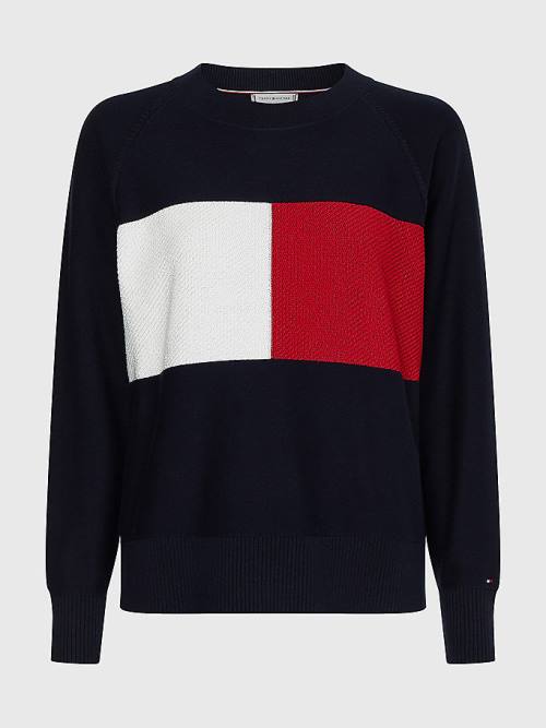 Blue Tommy Hilfiger Curve Long-Sleeved Crew Neck Sweatshirt Women's Sweaters | TH810WES