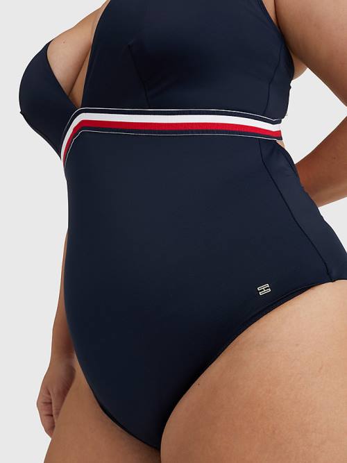 Blue Tommy Hilfiger Curve Signature Tape One Piecesuit Women's Swimwear | TH956DQF