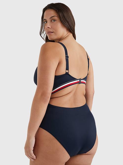 Blue Tommy Hilfiger Curve Signature Tape One Piecesuit Women's Swimwear | TH956DQF