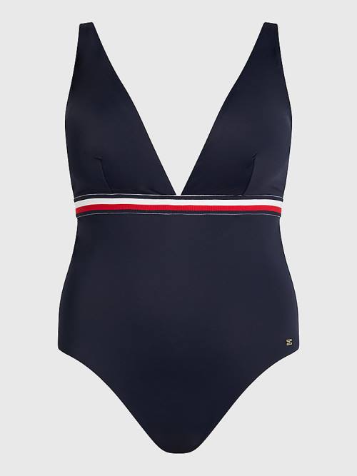 Blue Tommy Hilfiger Curve Signature Tape One Piecesuit Women's Swimwear | TH956DQF