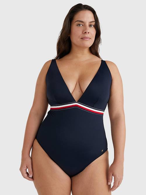 Blue Tommy Hilfiger Curve Signature Tape One Piecesuit Women\'s Swimwear | TH956DQF