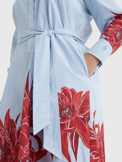 Blue Tommy Hilfiger Curve Stripe Floral Print Midi Shirt Women's Dress | TH249ZUD