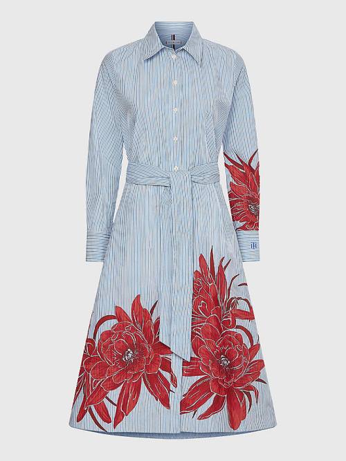 Blue Tommy Hilfiger Curve Stripe Floral Print Midi Shirt Women's Dress | TH249ZUD