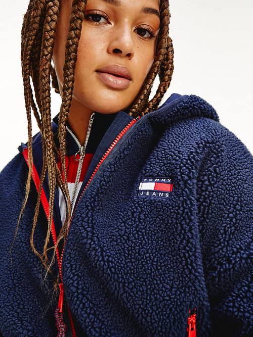 Blue Tommy Hilfiger Curve Tommy Badge Sherpa Hooded Women's Jackets | TH480RDL