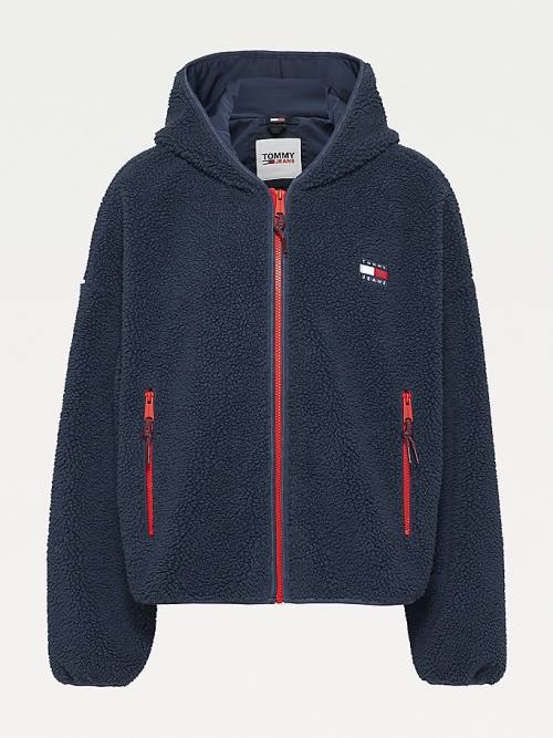 Blue Tommy Hilfiger Curve Tommy Badge Sherpa Hooded Women's Jackets | TH480RDL