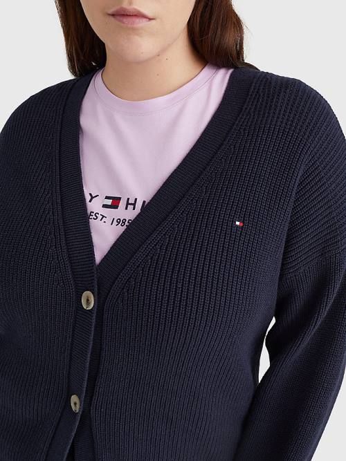 Blue Tommy Hilfiger Curve V-Neck Relaxed Fit Rib Knit Cardigan Women's Sweaters | TH285DWG