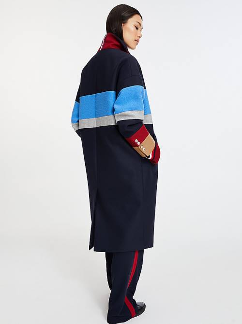 Blue Tommy Hilfiger Double Breasted Stripe Wool Blend Women's Coats | TH873TFL