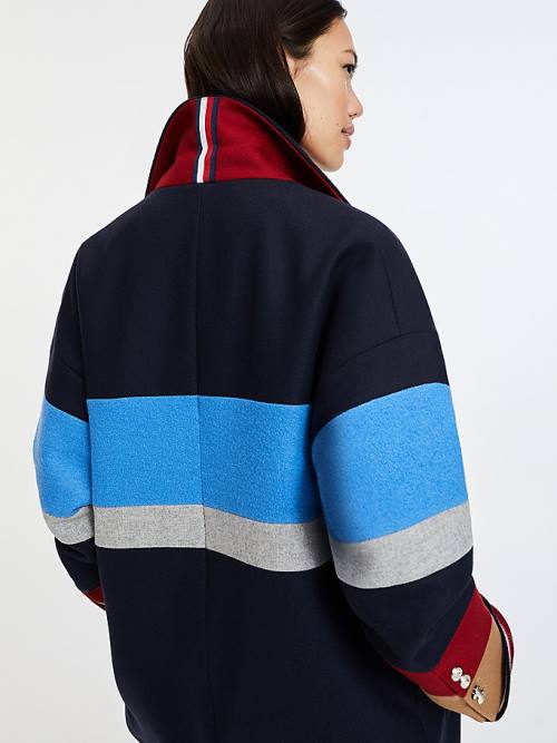 Blue Tommy Hilfiger Double Breasted Stripe Wool Blend Women's Coats | TH873TFL