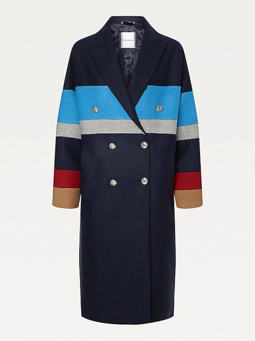 Blue Tommy Hilfiger Double Breasted Stripe Wool Blend Women's Coats | TH873TFL