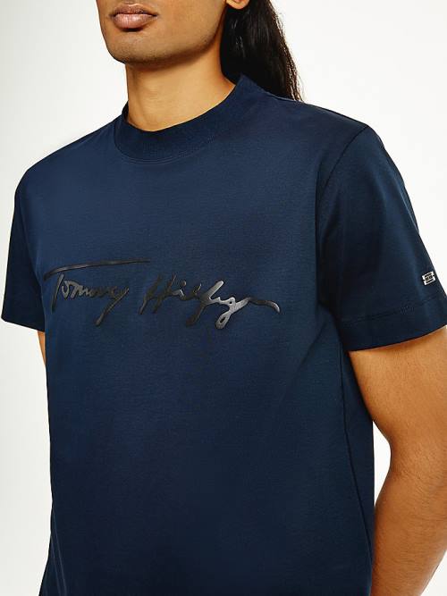 Blue Tommy Hilfiger Elevated Signature Organic Cotton Men's T Shirts | TH213QXP