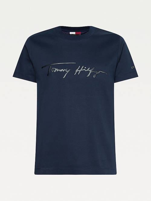 Blue Tommy Hilfiger Elevated Signature Organic Cotton Men's T Shirts | TH213QXP