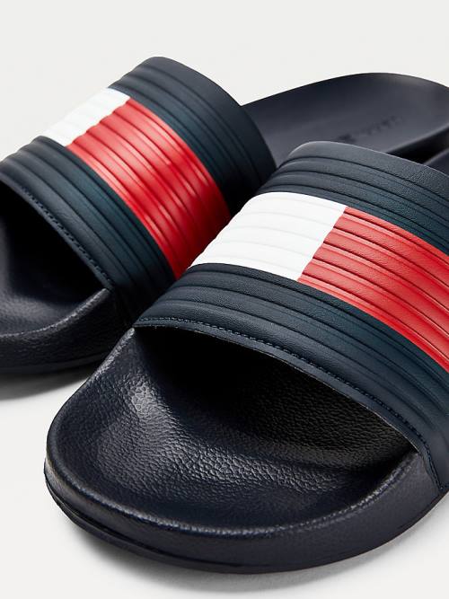 Blue Tommy Hilfiger Embossed Flag Pool Slides Men's Sandals | TH450XWJ