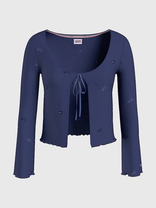 Blue Tommy Hilfiger Embroidery Tie-Open Cardigan Women's T Shirts | TH425SWP