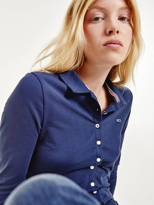 Blue Tommy Hilfiger Essential Button-Through Long Sleeve Women's Polo Shirts | TH536CAJ