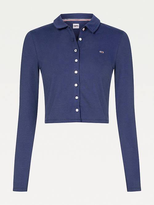 Blue Tommy Hilfiger Essential Button-Through Long Sleeve Women's Polo Shirts | TH536CAJ