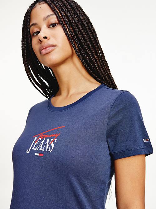 Blue Tommy Hilfiger Essential Logo Skinny Fit Women's T Shirts | TH941REA