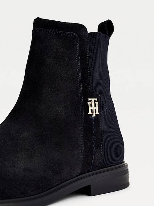 Blue Tommy Hilfiger Essential Monogram Plaque Suede Ankle Women's Boots | TH634FKC