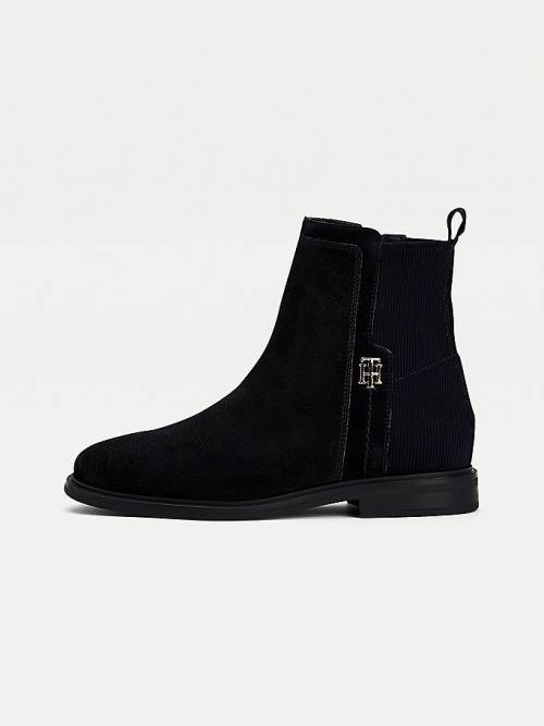 Blue Tommy Hilfiger Essential Monogram Plaque Suede Ankle Women's Boots | TH634FKC