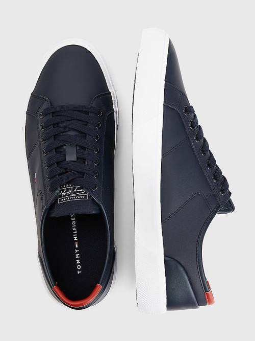 Blue Tommy Hilfiger Essential Signature Leather Men's Sneakers | TH623QSZ