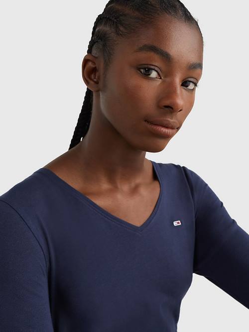 Blue Tommy Hilfiger Essential V-Neck Long Sleeve Women's T Shirts | TH048LJU