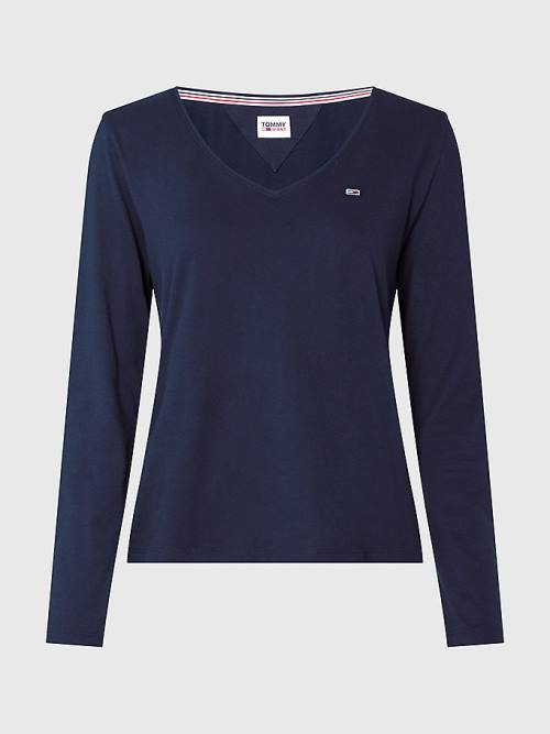 Blue Tommy Hilfiger Essential V-Neck Long Sleeve Women's T Shirts | TH048LJU