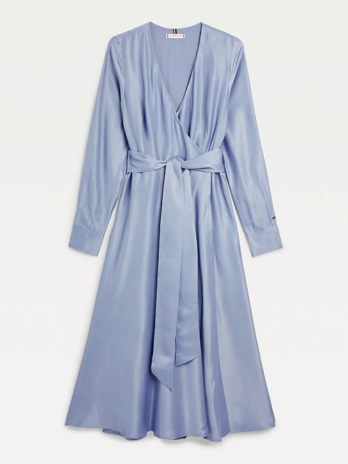 Blue Tommy Hilfiger Exclusive Satin Wrap Midi Women's Dress | TH589BGF