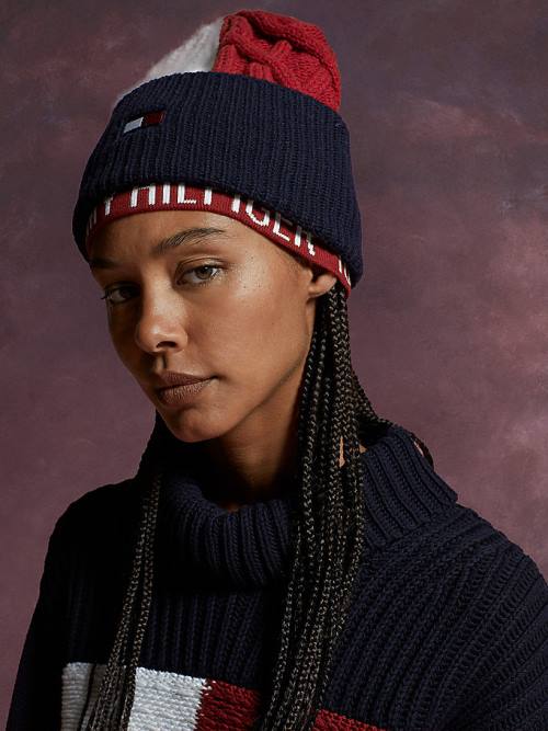 Blue Tommy Hilfiger Flag Icon Cable Knit Beanie Women's Hats | TH017SDE