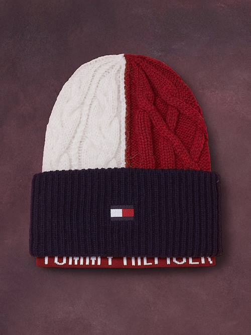 Blue Tommy Hilfiger Flag Icon Cable Knit Beanie Women\'s Hats | TH017SDE