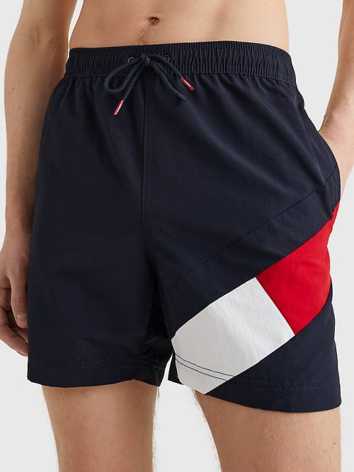 Blue Tommy Hilfiger Flag Mid Length Drawstring Shorts Men's Swimwear | TH097VKG