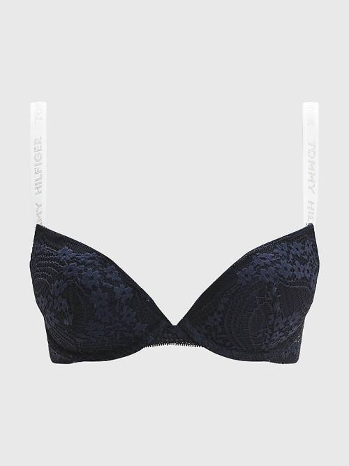 Blue Tommy Hilfiger Floral Lace Logo Strap Push-Up Bra Women's Underwear | TH582VPK