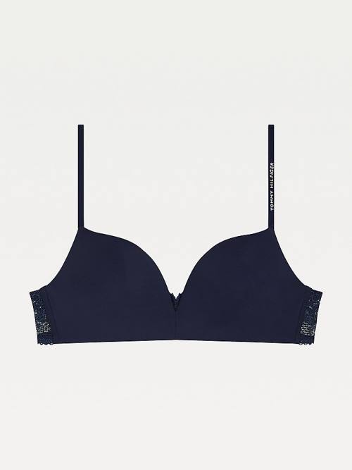 Blue Tommy Hilfiger Floral Lace Trim Non-Wired Push-Up Bra Women's Underwear | TH187OKY