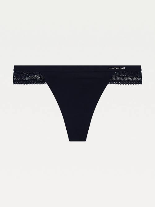 Blue Tommy Hilfiger Floral Lace Trim Thong Women's Underwear | TH135NMS