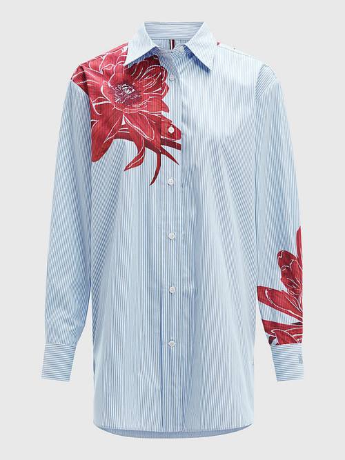 Blue Tommy Hilfiger Floral Print Stripe Boyfriend Women's Shirts | TH964CFL