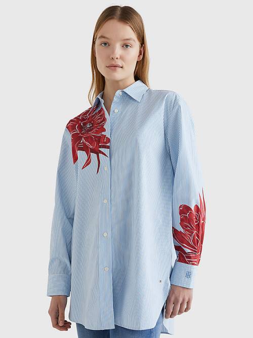 Blue Tommy Hilfiger Floral Print Stripe Boyfriend Women\'s Shirts | TH964CFL