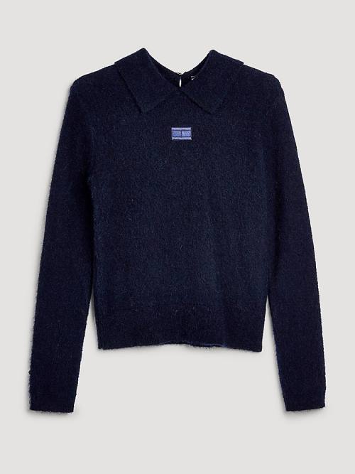 Blue Tommy Hilfiger Fluffy Alpaca Wool Collared Jumper Women's Polo Shirts | TH745EHX