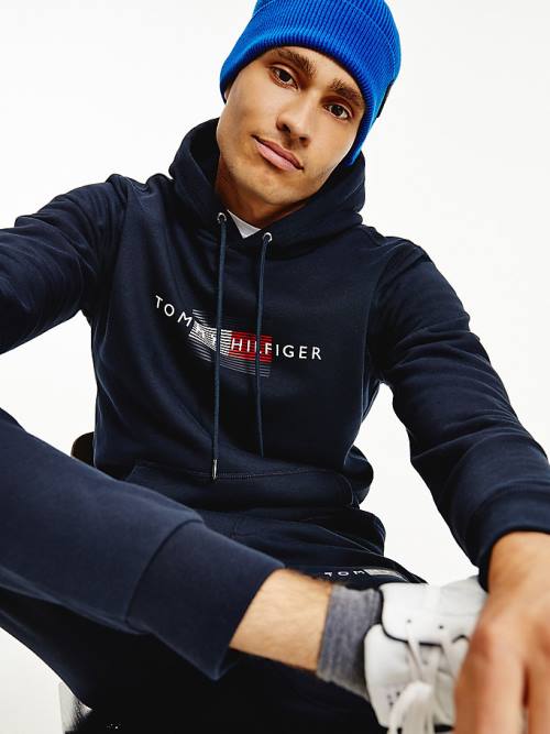 Blue Tommy Hilfiger Front Logo Organic Cotton Fleece Men\'s Hoodie | TH642SJF