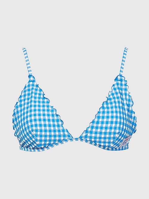 Blue Tommy Hilfiger Gingham Frilled Triangle Padded Bikini Top Women's Swimwear | TH067QMD