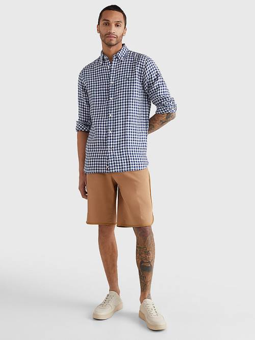 Blue Tommy Hilfiger Gingham Regular Fit Linen Men's Shirts | TH340XSB