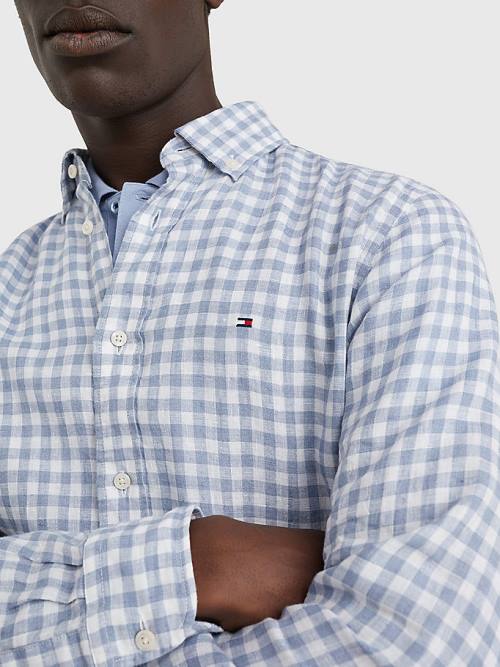 Blue Tommy Hilfiger Gingham Regular Fit Linen Men's Shirts | TH476PLV