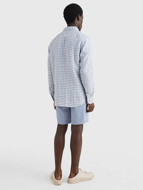 Blue Tommy Hilfiger Gingham Regular Fit Linen Men's Shirts | TH476PLV