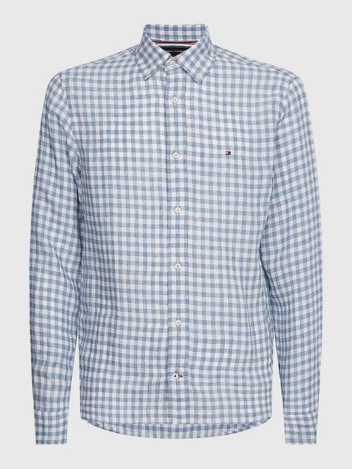 Blue Tommy Hilfiger Gingham Regular Fit Linen Men\'s Shirts | TH476PLV