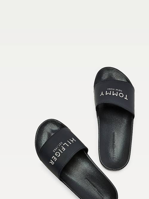 Blue Tommy Hilfiger Glitter Logo Pool Slides Women's Sandals | TH016JXZ