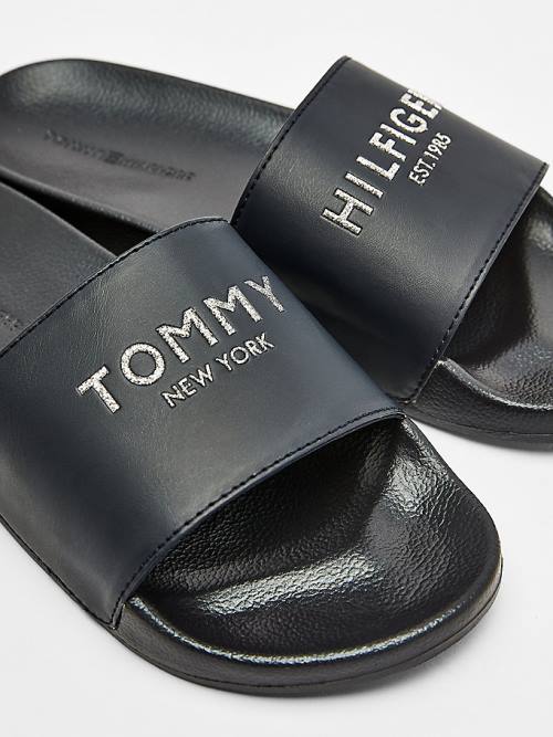 Blue Tommy Hilfiger Glitter Logo Pool Slides Women's Sandals | TH016JXZ