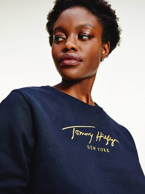 Blue Tommy Hilfiger Gold Signature Embroidery Crew Neck Women's Sweatshirts | TH403MSJ