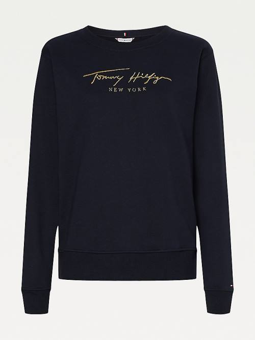 Blue Tommy Hilfiger Gold Signature Embroidery Crew Neck Women's Sweatshirts | TH403MSJ